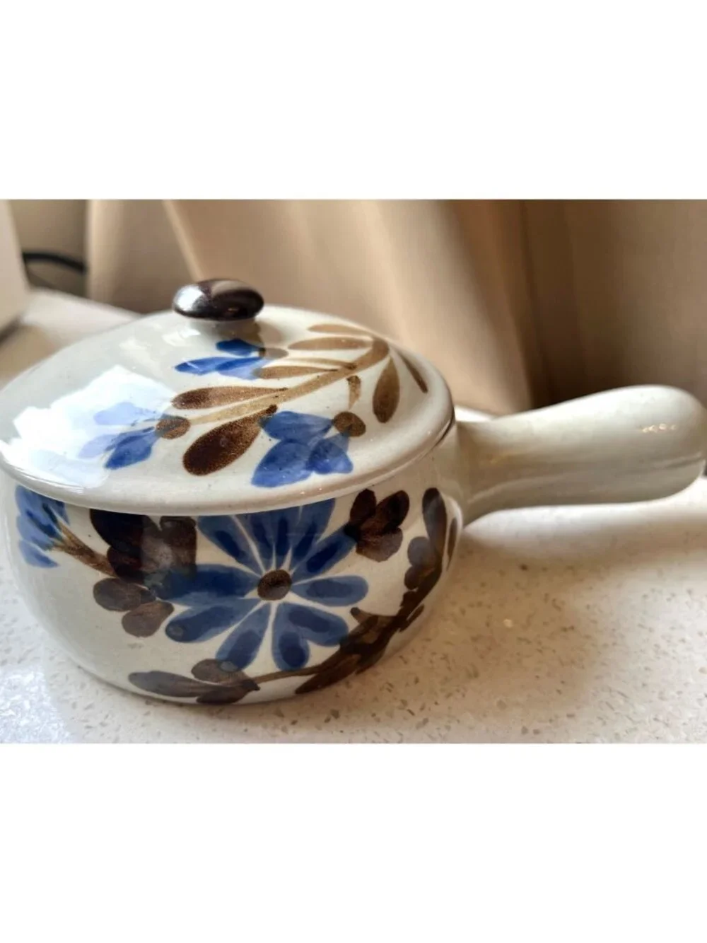 Ceramic Soup Bowls Lids & Handles Speckled Gray Blue Floral Ovenproof Set Of 2